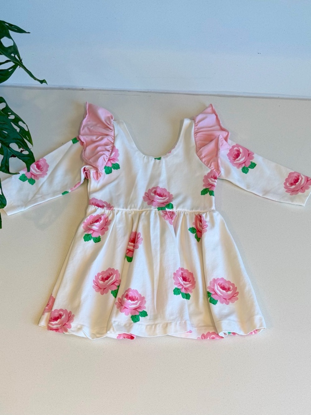 Girls Floral Dress Toddler 12-18M Pink Rose Ruffle Shoulder Long Sleeve